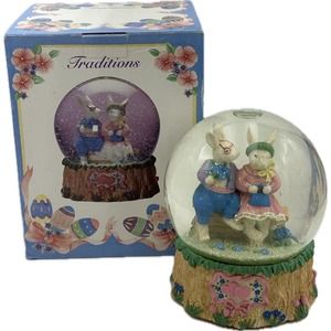 Vtg Easter Musical Snowglobe Mr & Mrs Rabbit Bunny Love Works Hand Painted VIDEO